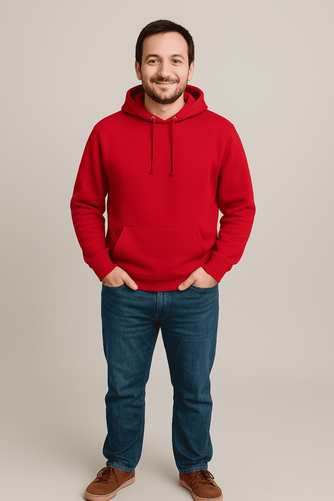 Picture of the man that virtually tried-on the red hoodie