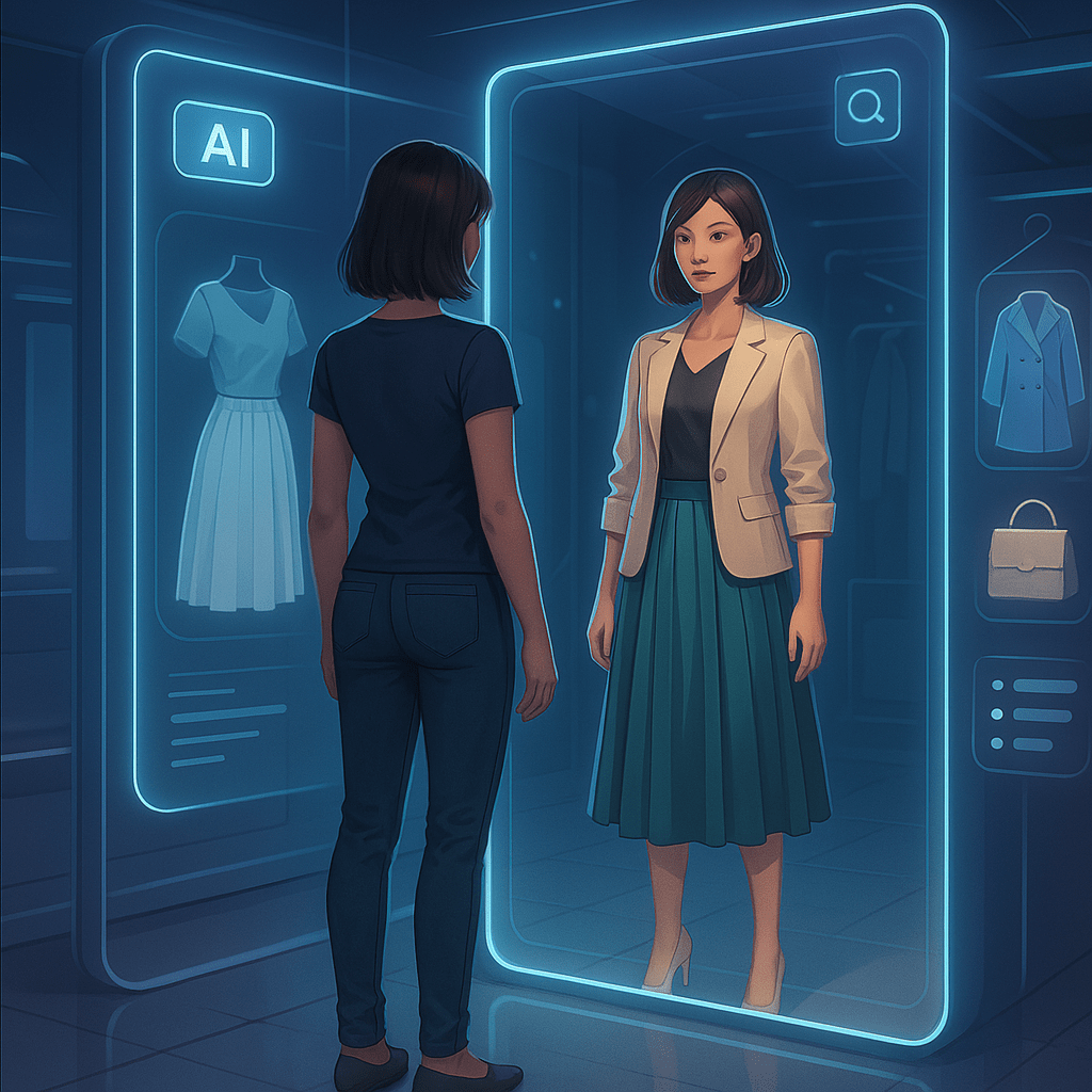 A futuristic virtual try-on experience powered by AI. A woman stands in front of a digital mirror, and her reflection shows her wearing a stylish outfit generated by artificial intelligence. Around her are holographic clothing options, glowing UI elements, and a sleek, modern tech environment. The scene blends fashion and technology, with smooth lighting and a high-end digital aesthetic.