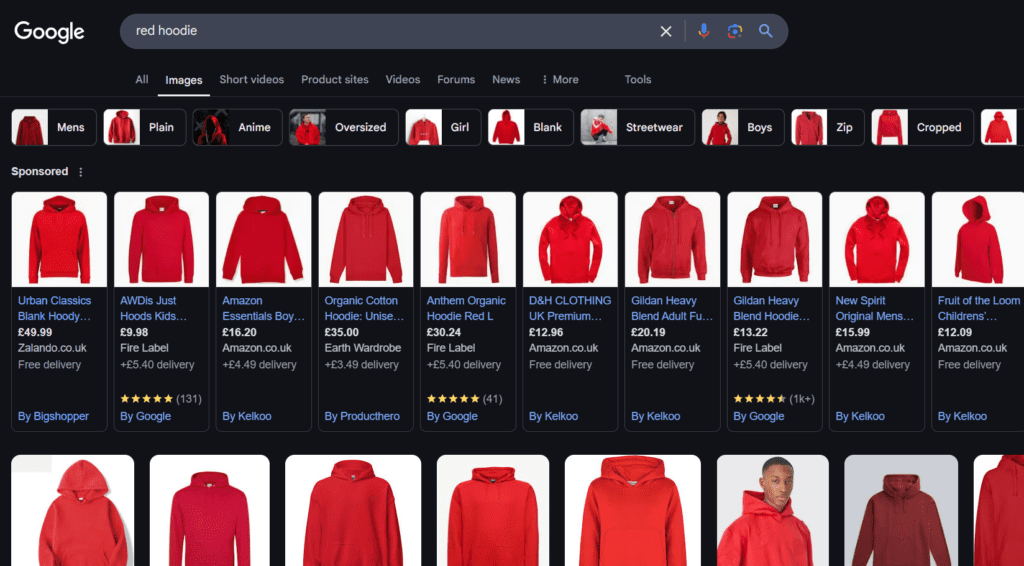 My Google search for a red hoodie results