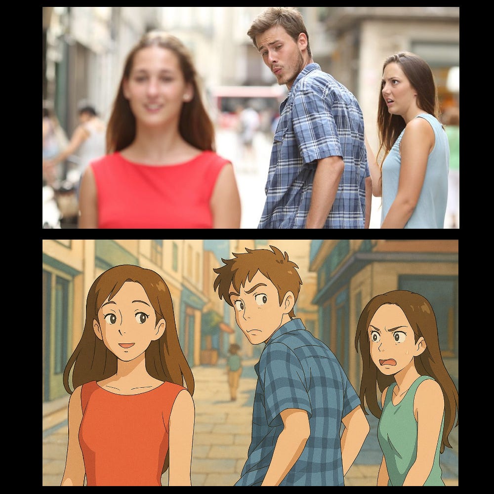 Famous meme that a guy looks at another woman original and Ghibli version